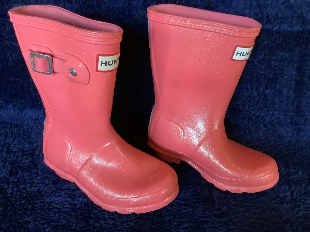 HUNTER Pink/Salmon Glossy Pull-On Rain Boots. Size 10 Excellent Condition.